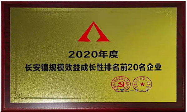 尊龙凯时官网版登录荣获“2020年度长安镇规模效益生长性排名前20名企业”